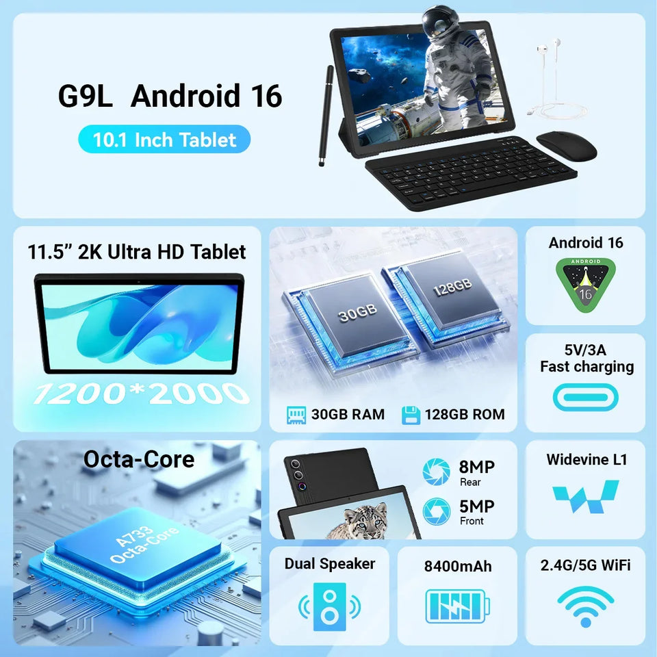 URAO G9L 11.5 inch Tablet Android 15 30GB+128GB+1TB Expand 8400mAh 2K 1200x2000 HD IPS Screen WiFi 6 Dual Camera Widevine L1 GMS