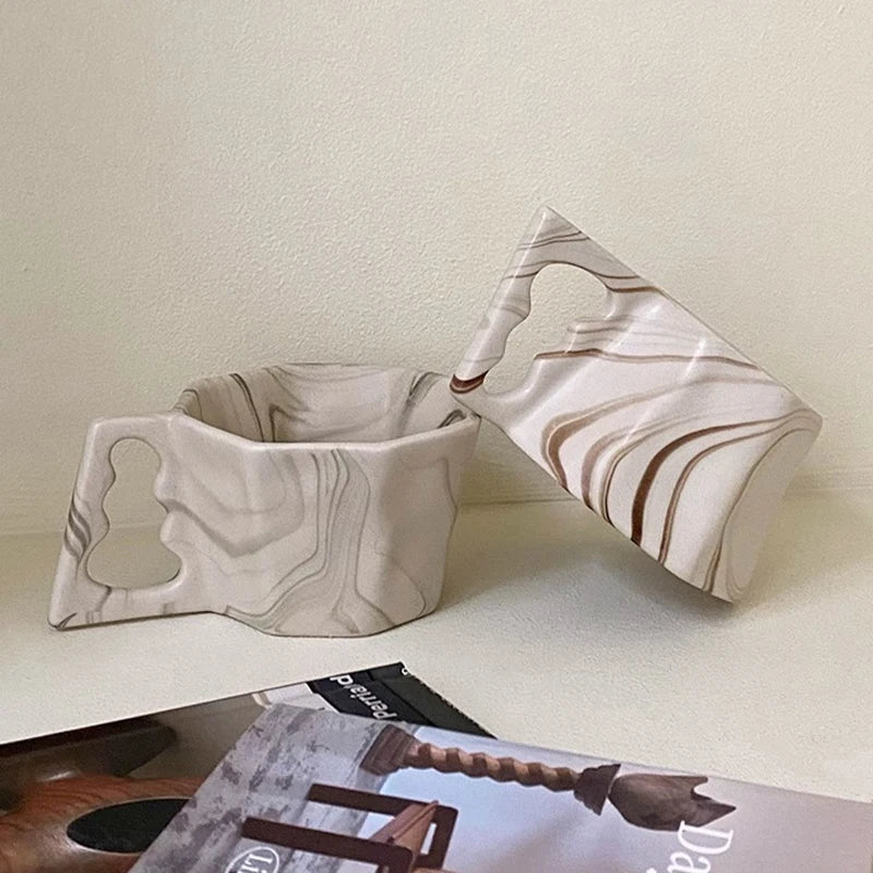 1Pc Ink Wash Octagonal Ceramic Mug, Creative Irregular Ink Wash Ceramic Mug Coffee Cup, High-Value Household Drinking Cup, Suitable for Daily Breakfast Cup, Living Room Bedroom Drinking Cup, Afternoon Tea Coffee Cup, Holiday
