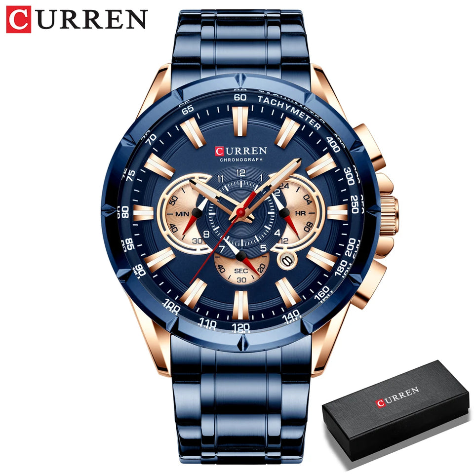 CURREN 8363 Casual Sport Chronograph Men's Watches Stainless Steel Band Wristwatch Big Dial Quartz Clock with Luminous Pointers