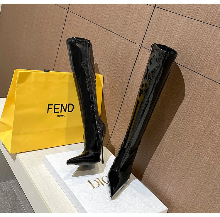Knee-High Modern Boots Pointy Toe Women Shoes 13cm Ultra Thin Steel High Heels Metal Heel Calf Boots for Women Fun Shoes Size 46