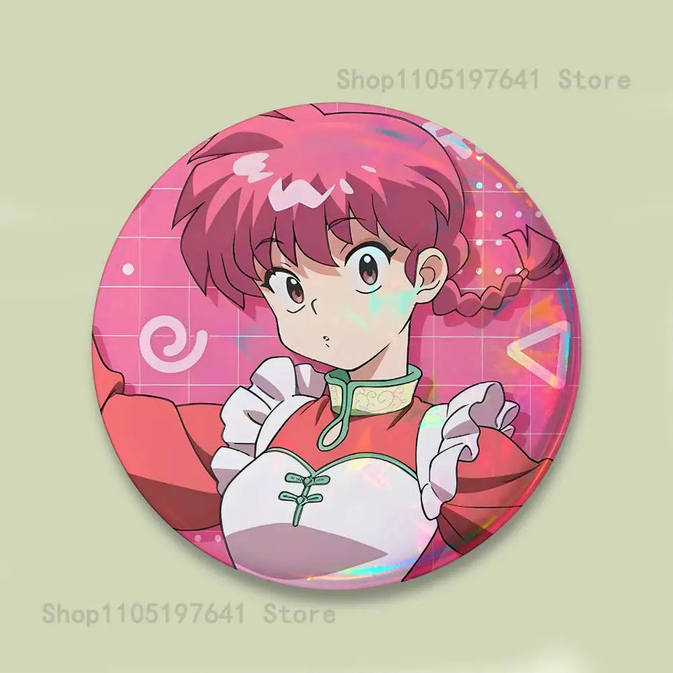 COOL Ranma 1 2 Reflective Pin Tinplate Round Brooch Cartoon Cosplay Badges for Bag Hat Toys Gifts