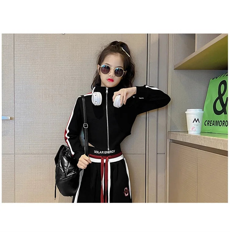 Spring Autumn Girl Striped Cropped Full Zip Sweatshirt+Loose Drawstring Sweatpant Set School Kids Tracksuit Child Outfit 3-16Yrs