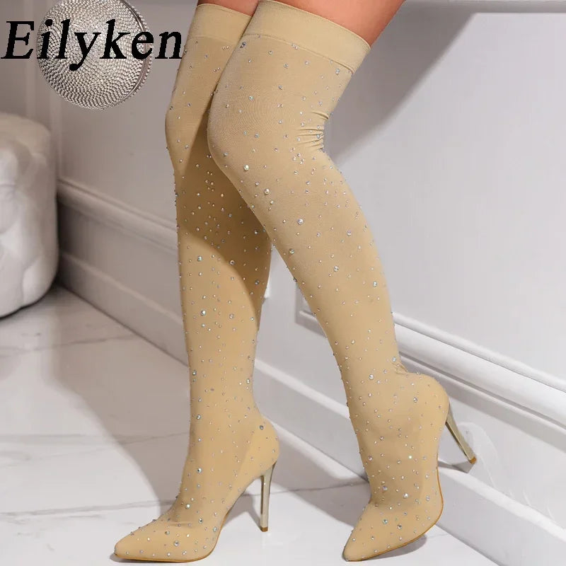 Eilyken Sexy Runway Crystal Stretch Fabric Sock Over the Knee Boot Thigh Stiletto High Pointed Toe Woman Shoes Zapatillas Mujer
