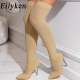 Eilyken Sexy Runway Crystal Stretch Fabric Sock Over the Knee Boot Thigh Stiletto High Pointed Toe Woman Shoes Zapatillas Mujer
