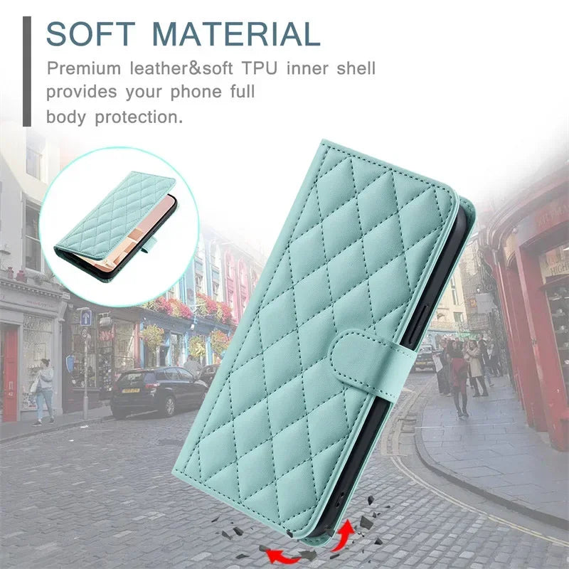 Crossbody Checkered Leather Wallet Case For Samsung Galaxy S24 Ultra S23 Plus S22 S21 FE A55 A25 A35 A15 Lanyard Flip Bag Cover