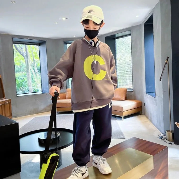 Print Sweatshirt Set Children's Boy's Clothing Boys Kids Clothes Elementary Student Men's Sets 8 10 Year Old Winter Top Bottom