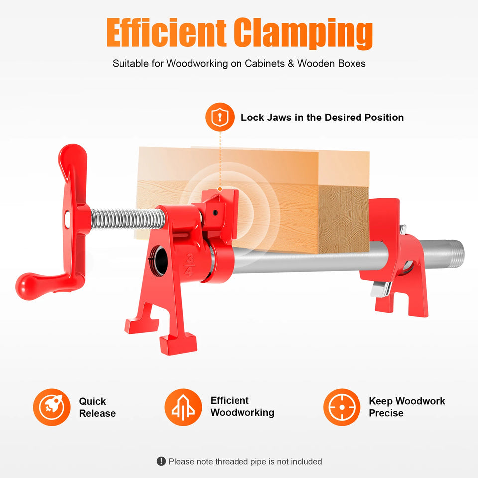 4 Pcs 3/4" Wood Gluing Pipe Clamp Set for Woodworking Lumber Stores, Manufacturing Plants, Repair Shops