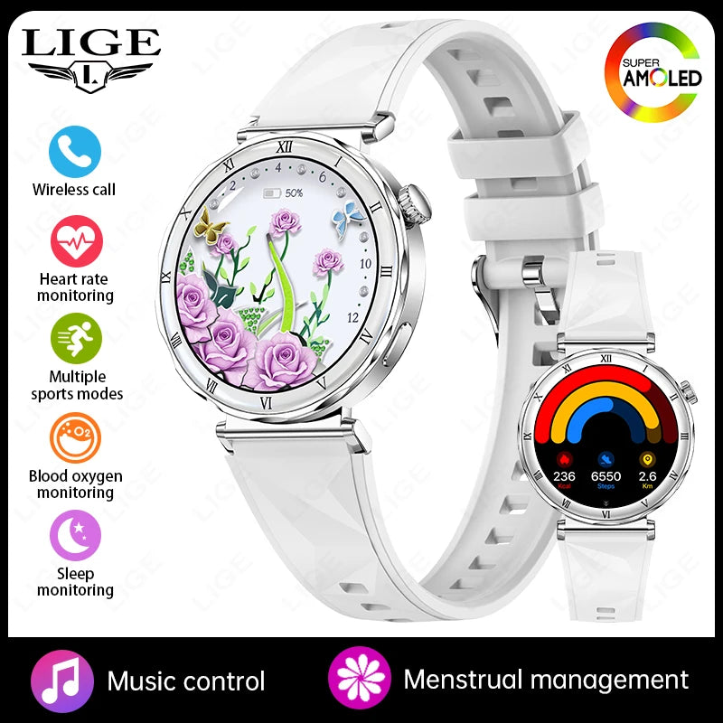 LIGE New 1.19inch AMOLED Fashion Ladies Smart Watch Bluetooth Call Sports Bracelet Women’s Health Waterproof Diamond Smartwatch