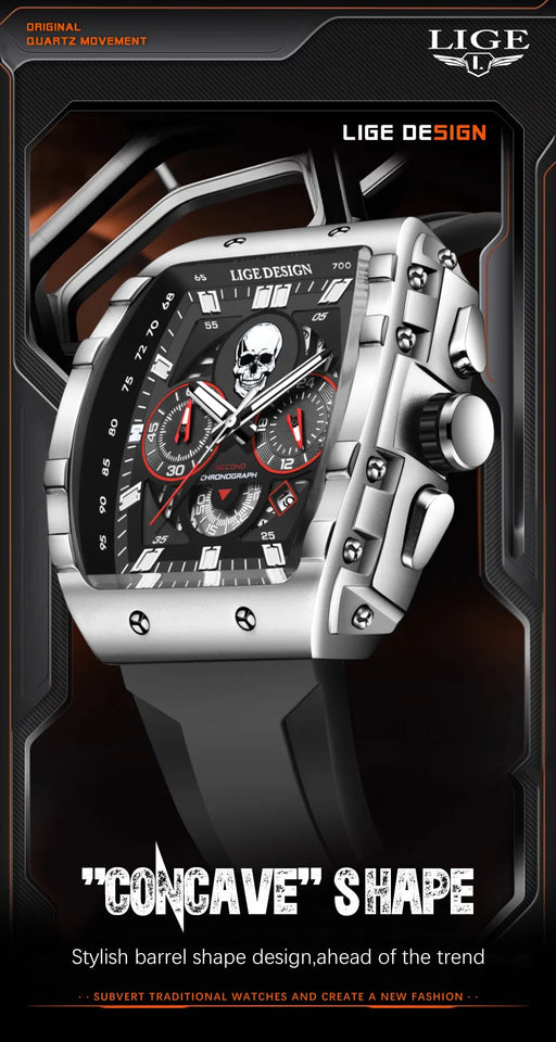 LIGE Brand Mens Watch Skeleton Skull Dial Sports Military Watches Men Fashion Luxury Waterproof Quartz Watch Chronograph Relogio