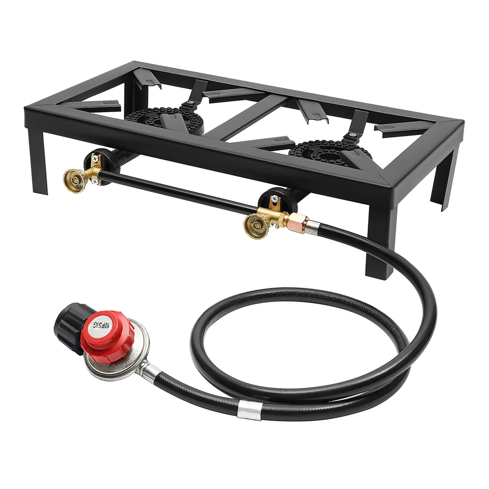 Portable Double Burner Outdoor Gas Stove Propane Cooker with Adjustable 0-10Psi Regulator Hose for Patio Camping, BBQ, Home