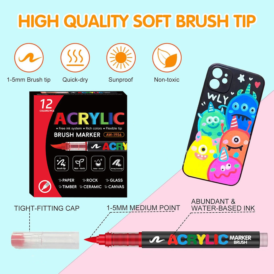 366 Colours Acrylic Markers Flexible Brush Tip Acrylic Paint Marker for Painting Stone Fabric Glass Ceramic Canvas Paper Wood