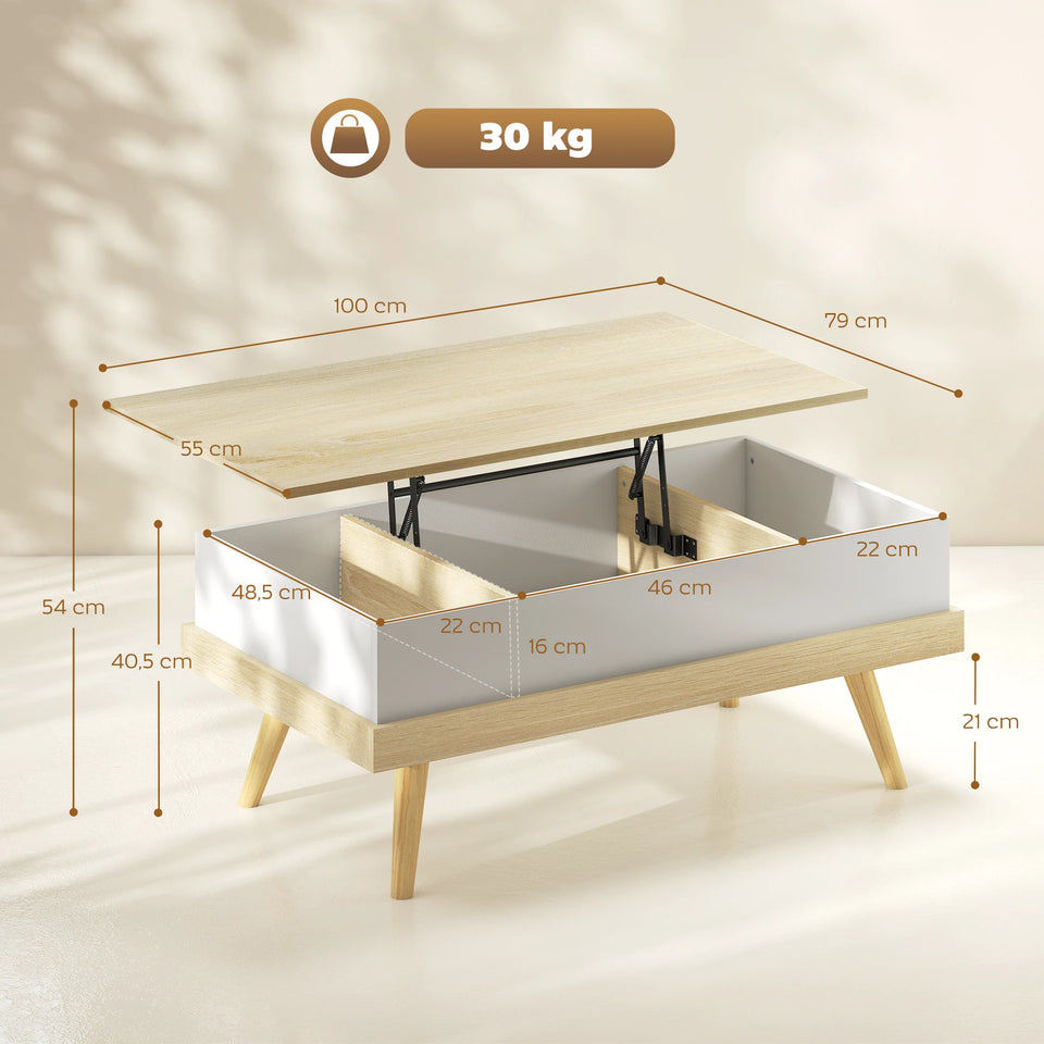 Homcom Liftable Coffee Table with 3 Hidden Storage Compartments and Wooden Legs 100X79X54 cm Natural and White