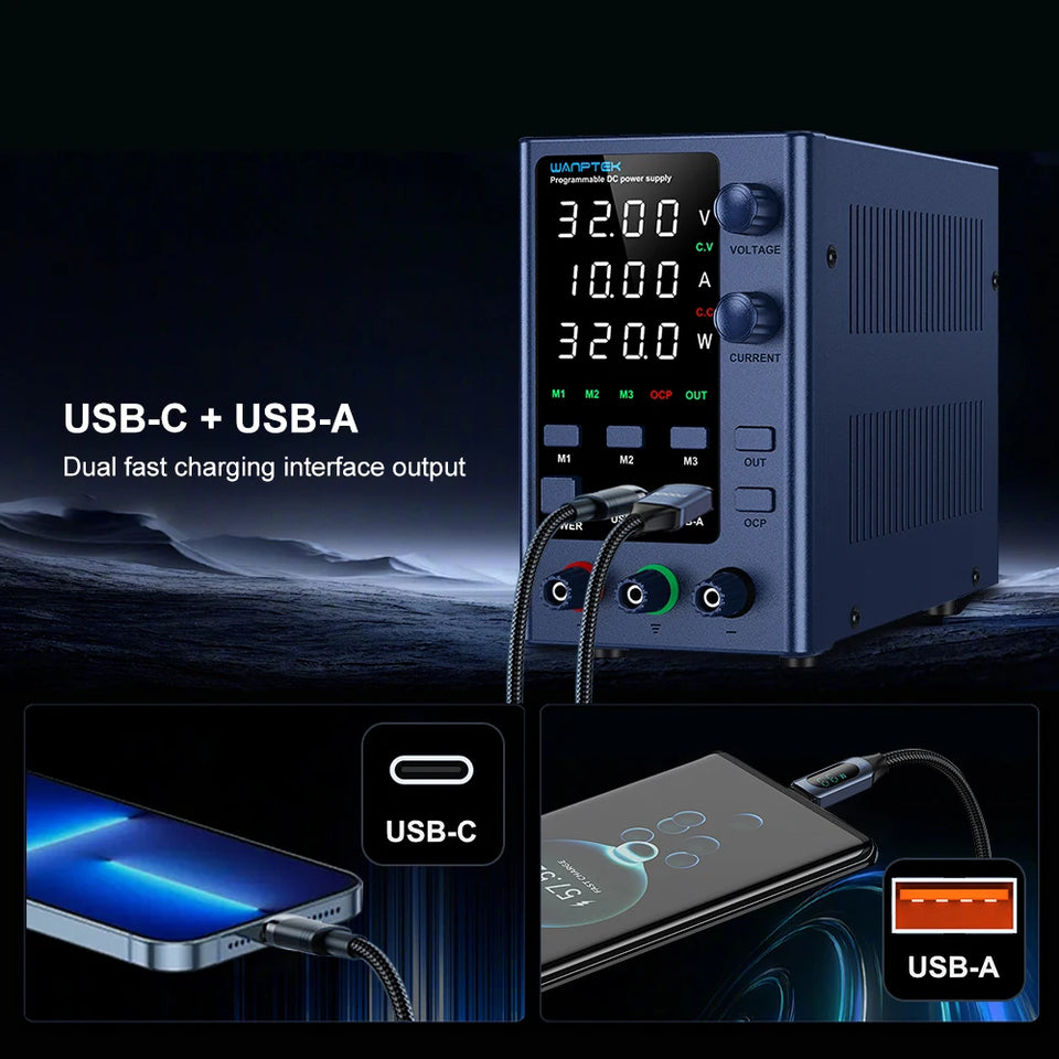 Wanptek Adjustable DC Power Supply 30V 60V 5A 10A Lab Bench Power Supply USB Interface Fast Charging Preset Voltage and Current