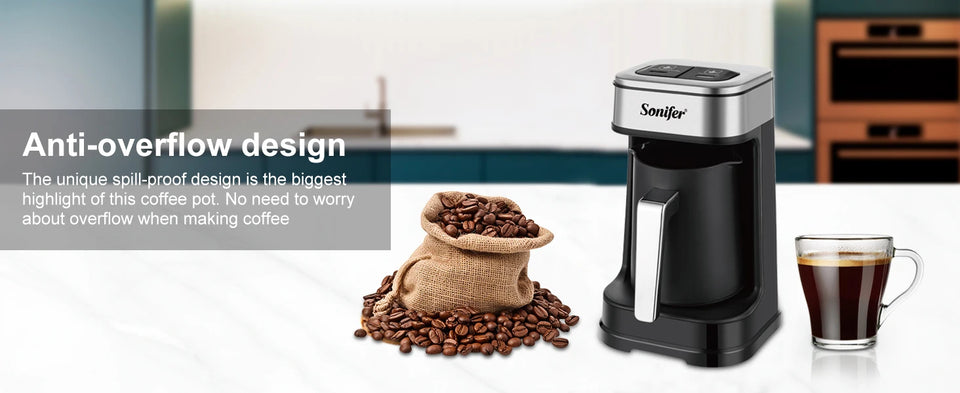 Sonifer Automatic Turkish Coffee Maker SF-3588, Smart Anti-Spill Sensor, Fast & Slow Brew Modes, 250ml, 700W, One-Touch