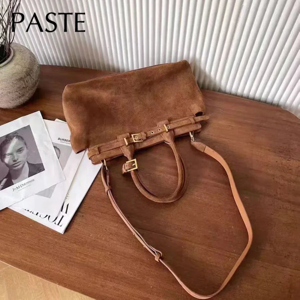 Winter Matte Coffee Camel Grey Large Tote Russian Style Real Suede Cow Leather Women Handbag Nubuck Commuter Office Shoulder Bag