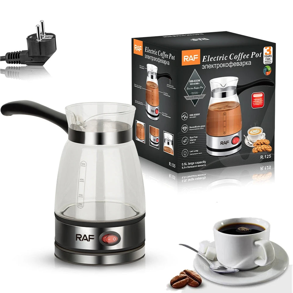 Electric Coffee Maker Glass Turkish Coffee Pot Italian Mocha Tea Milk Heating Machine Portable for Household Office 5-6 Cups