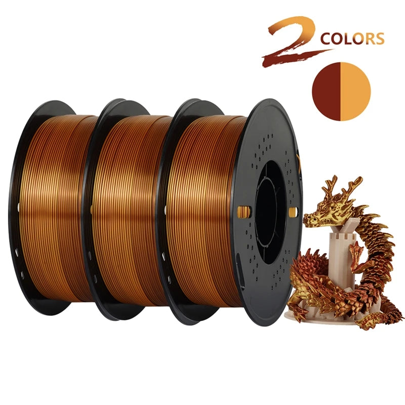 KINGROON Dual-color Silk PLA Filament 1.75mm 2 Color Coextrusion Glossy 3D Printer Filament PLA, 3kg/pack 1kg each spool