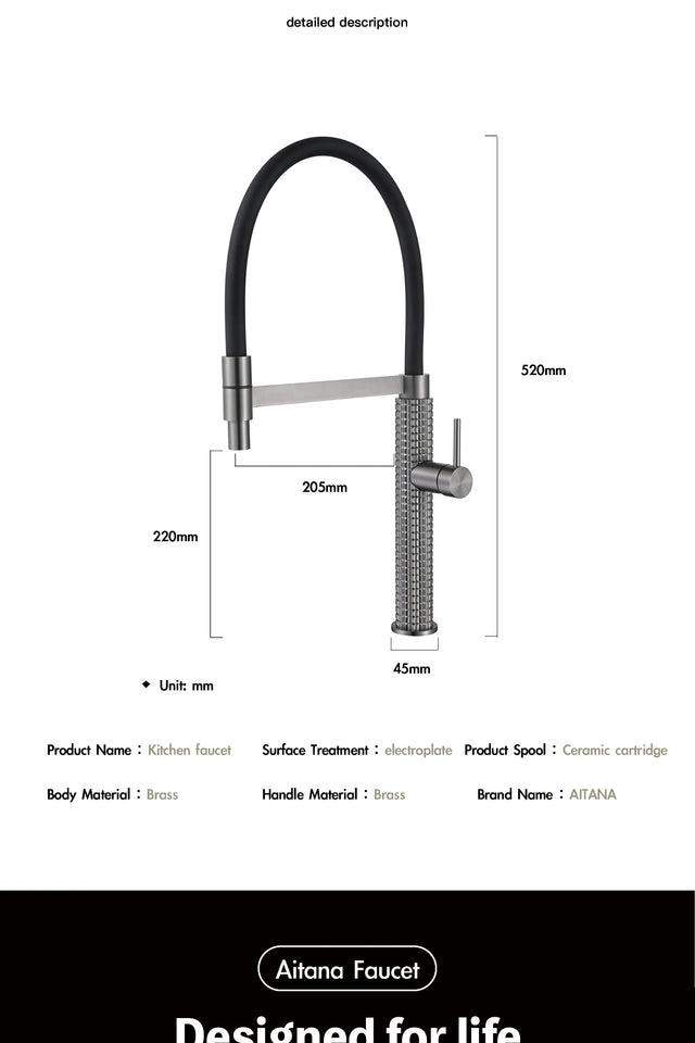 AITANA gun gray luxury brass kitchen faucet single handle cold and hot dual control modern design simple black sink faucet