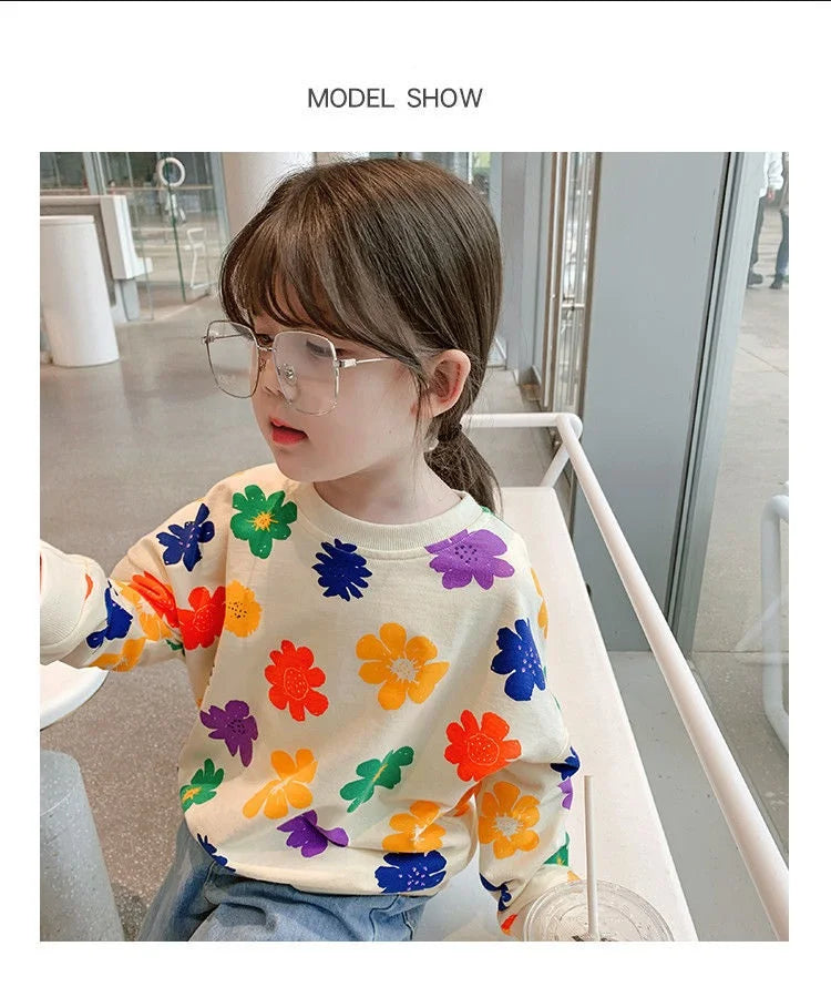 Spring Autumn Baby and Girls Sweet All-Over Flowers Sweatshirt School Kids Outfit Pullover Tops Child Workout Jumper 1-12 Years