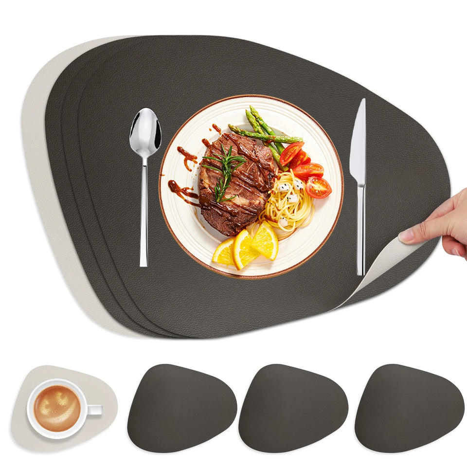 Double Sided Anti Slip PU Pad Table Mat with Coaster Oil-Proof Waterproof Leather Placemat Kitchen Dinner Coffee Tables Mats