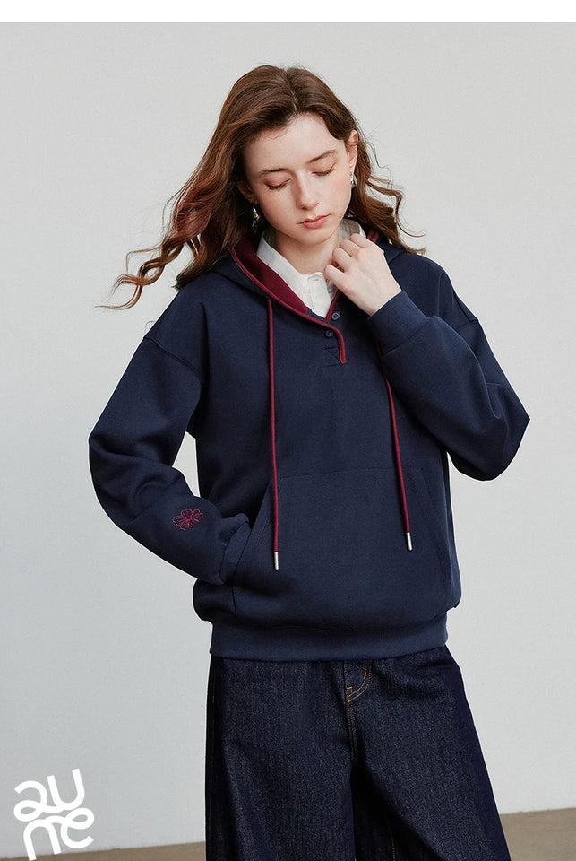 TOYOUTH Women Hoodies Sweatshirt 2025 Autumn New Contrasting Color Embroidery Splicing Hooded Pullover Tops