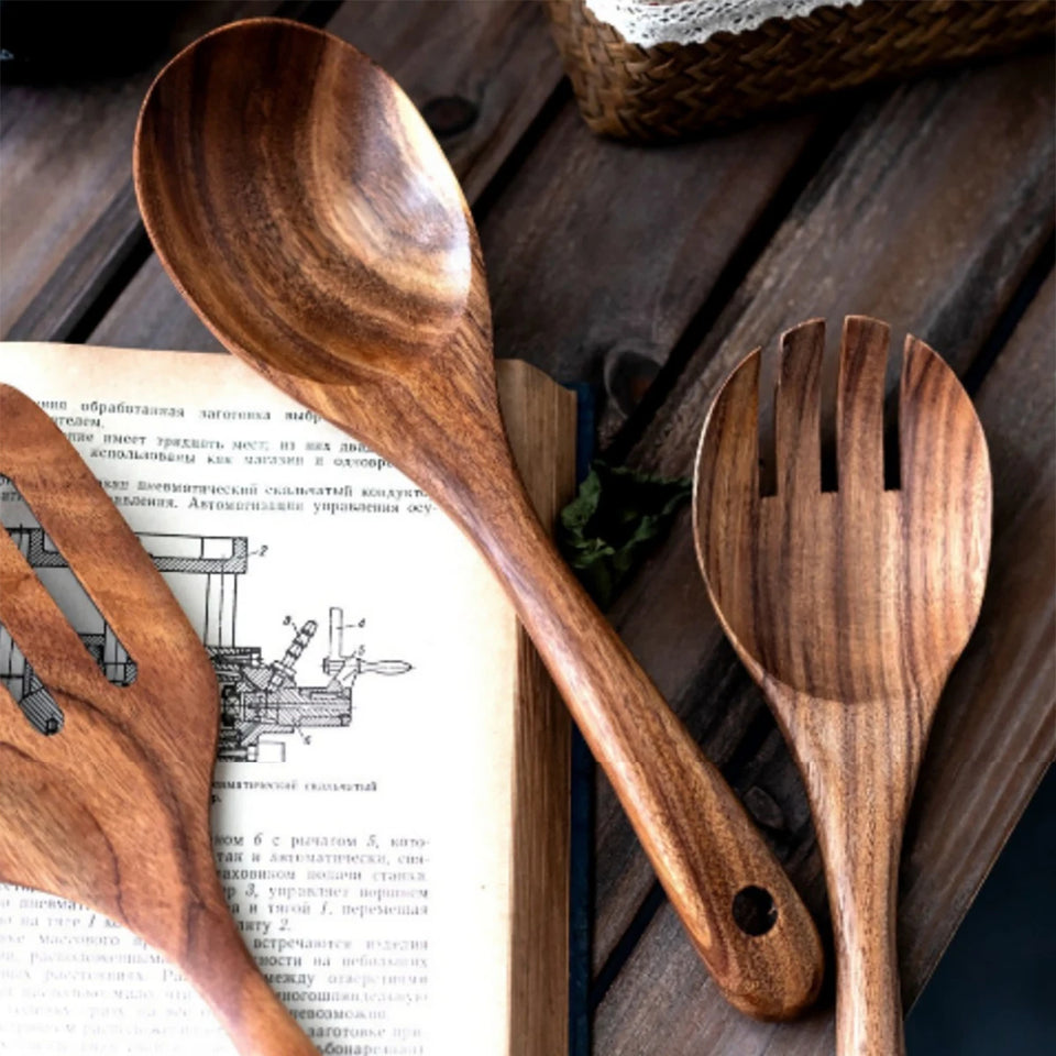 Wood Kitchenware Cooking Set Household Spatula Spoon Set Salad Spoon Fork Stirring Spoon Kitchen Baking Set With storage bucket