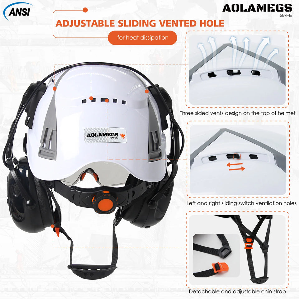 CE Safety Cap w/ 5.0 Bluetooth Earmuffs Reflective Stickers Double Goggles Construction Engineer Helmets ABS Industrial Hard Hat