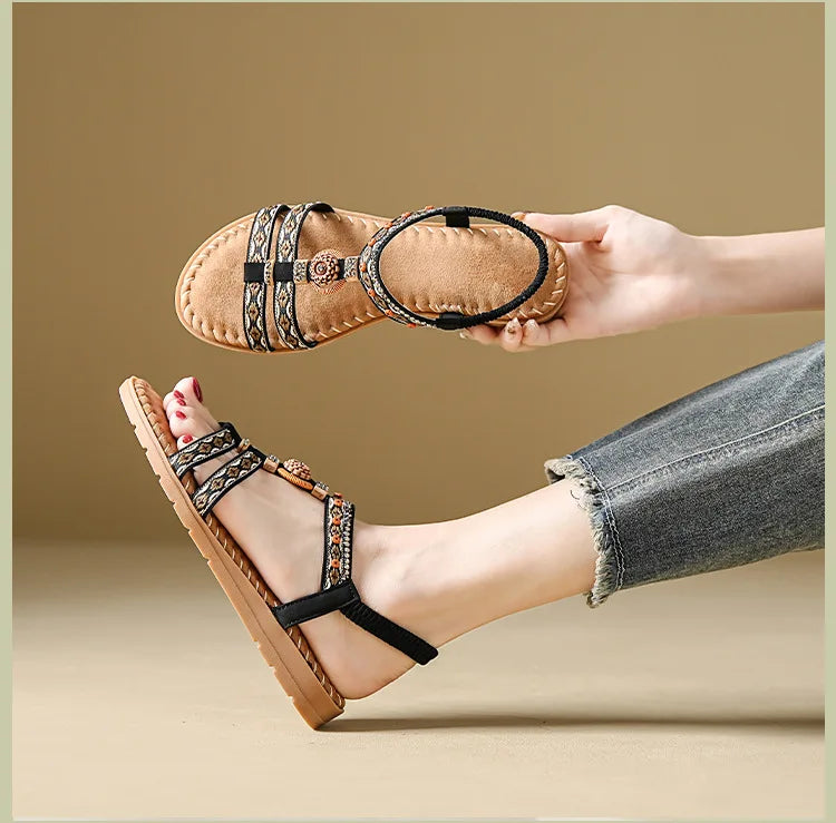 Women's sandals summer bohemian one line elegant slimming anti slip comfortable daily vacation flat beach shoes