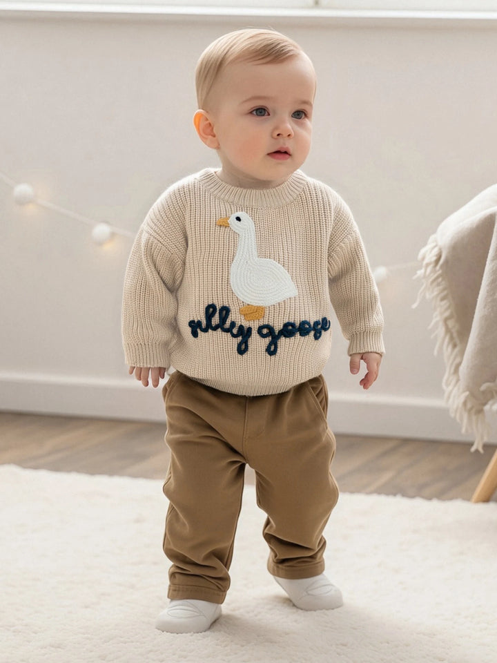 0-3T Toddler Baby Boy Girl Knit Sweater Silly Goose Embroidery Long Sleeve Knitted Sweatshirt Warm Fall Winter Clothes