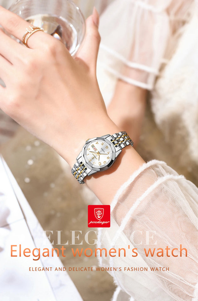 POEDAGAR Elegant Ladies Watches Waterproof Luminous Date Week Watch for Woman High Quality Stainless Steel Quartz Women's Watch