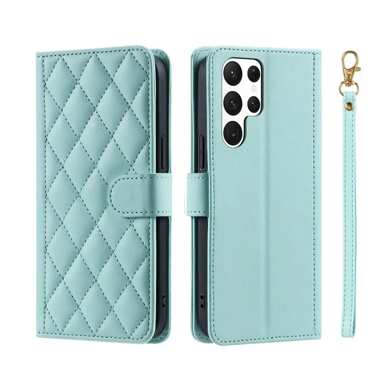 Crossbody Checkered Leather Wallet Case For Samsung Galaxy S24 Ultra S23 Plus S22 S21 FE A55 A25 A35 A15 Lanyard Flip Bag Cover