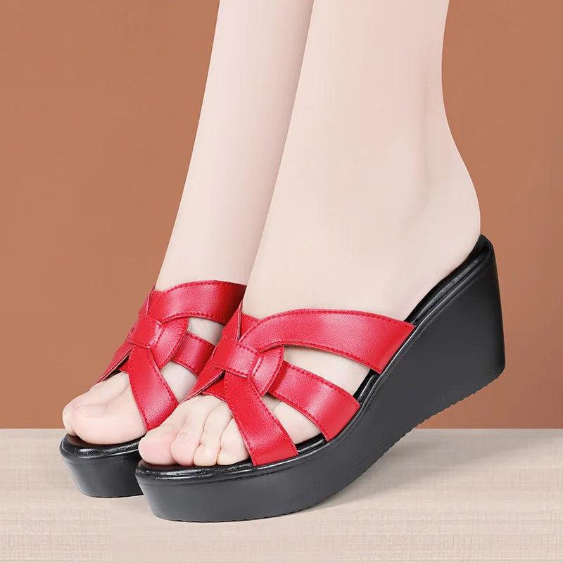 High quality summer leather wedge sandals for women 6cm mid heel new 2025 size 32 33 42 43 platform open toe elegant shoe black