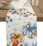 Fall Blue Orange Pumpkins Linen Table Runner Thanksgiving Decoration Autumn Maple Leaf Flowers Printed Table Runners Party Decor