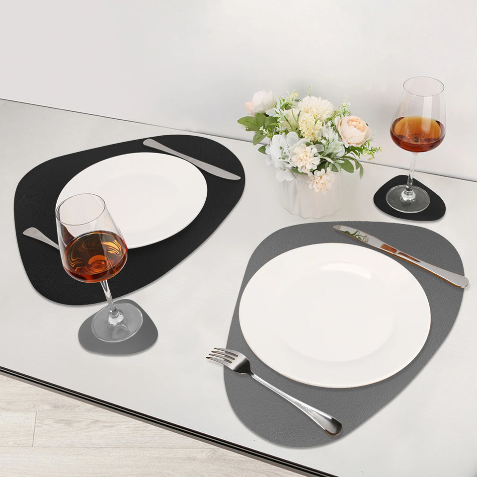 Double Sided Anti Slip PU Pad Table Mat with Coaster Oil-Proof Waterproof Leather Placemat Kitchen Dinner Coffee Tables Mats