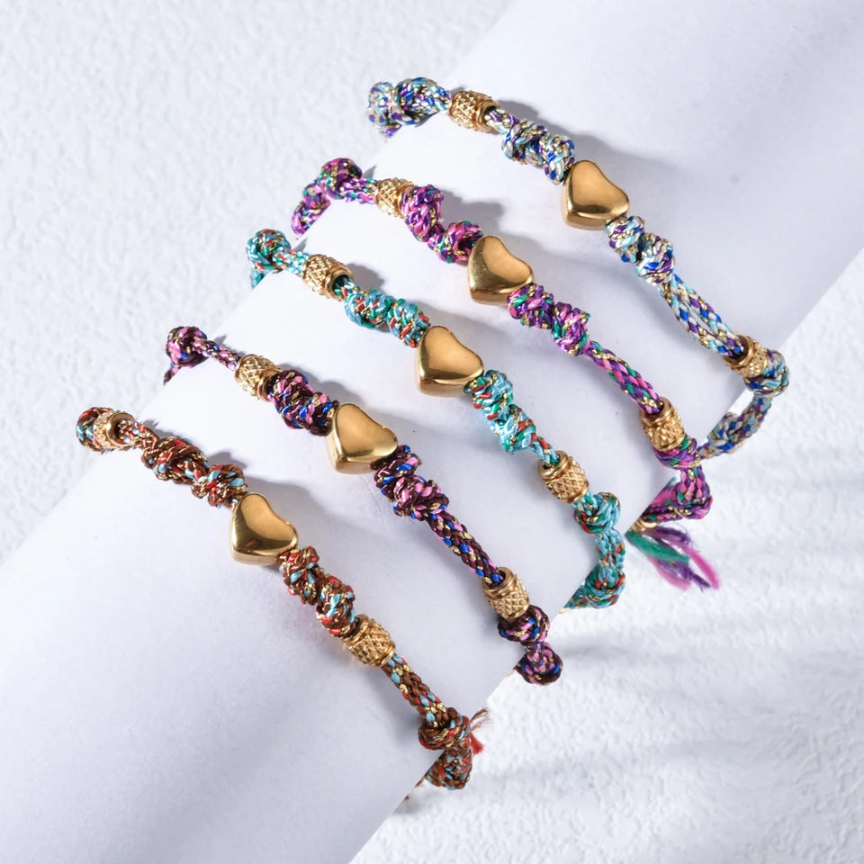 Boho New 2025 Creative Color Rope Heart Beads Bracelet 18K Gold Plated Stainless Steel Fashion Jewelry Accessories