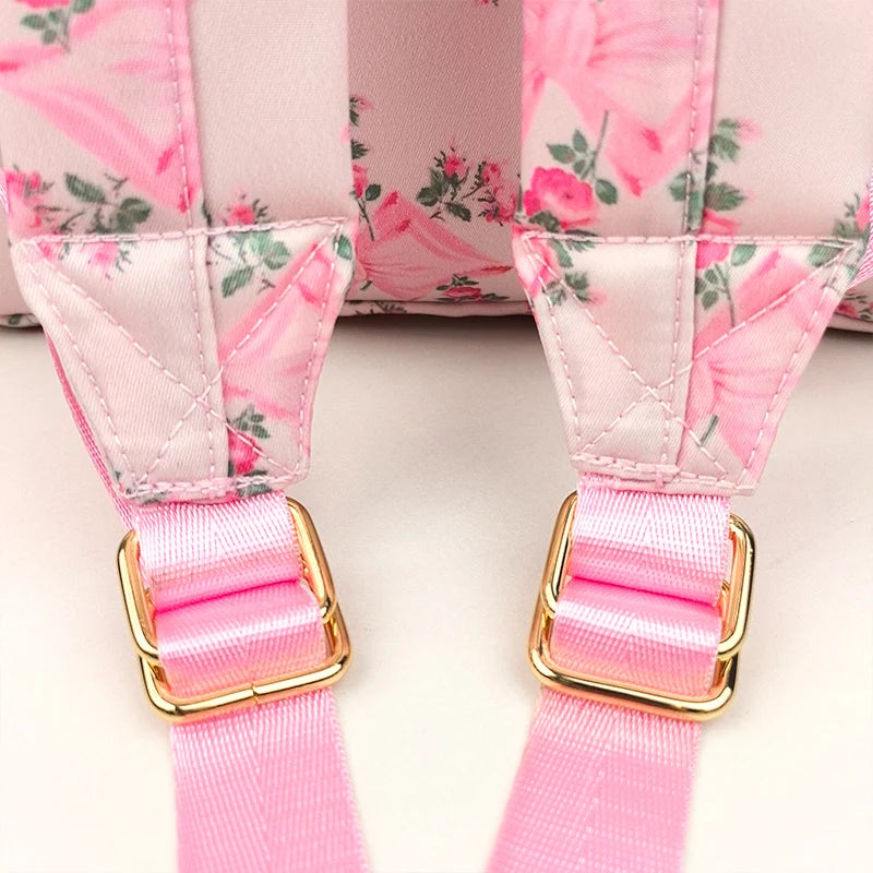 2PCS/SET Trendy Flower Bow Printing School Bag Lunch Bag Large Capacity Nylon Backpack Cute Students Insulation Ice Bento Box
