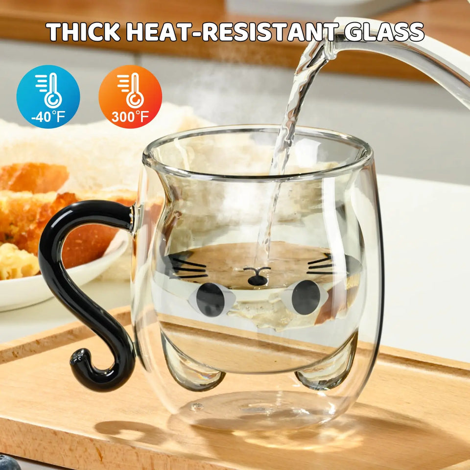 Creative Cute Cat Double-layer Coffee Mug Cartoon Couple Teacup Insulated Glass Mugs With Handle Household Office Drinkware
