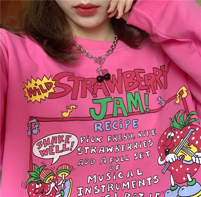 Harajuku Retro Top Strawberry Print Sweatshirt  Women Loose Streetwear Sweatshirts American  Oversized Pullovers