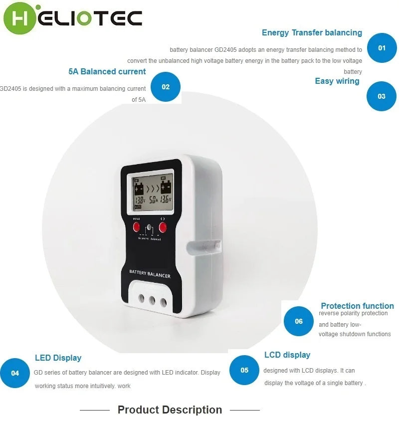 HELIOTEC 24V LED Display Battery Equalizer 2 x 12V Flood AGM Lead Acid Battery Bank Voltage Active Balancer Discharge Regulator