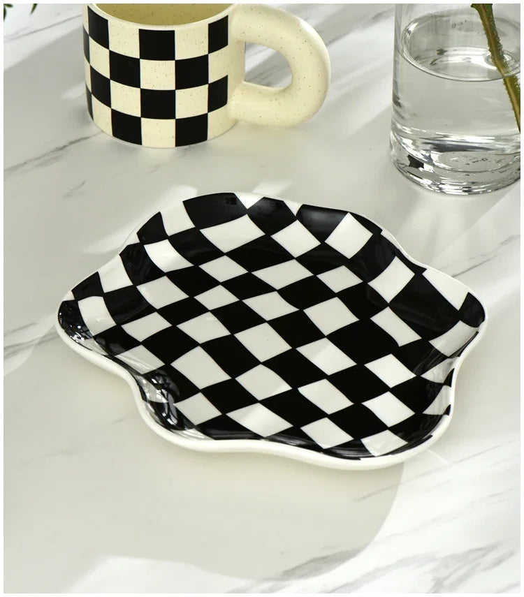 Ceramic Tray Checkerboard Jewelry Storage Plate Ring Earing Dessert Plate Home Decoration Retro Desk Organizer Kitchen Tableware