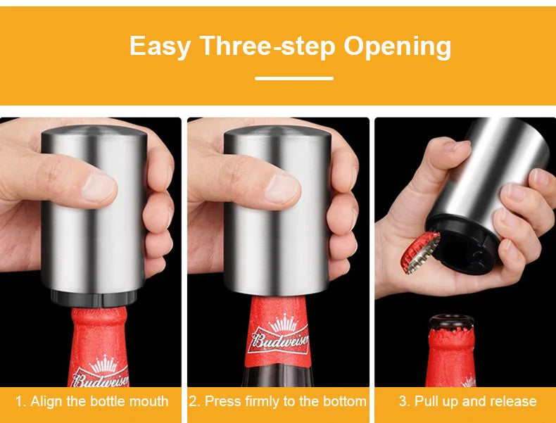 Stainless Steel Automatic  Beer Bottle Opener No Bend Push Down Cap - Easy Open for Beer and Soda Glass Bottles Kitchen Opener