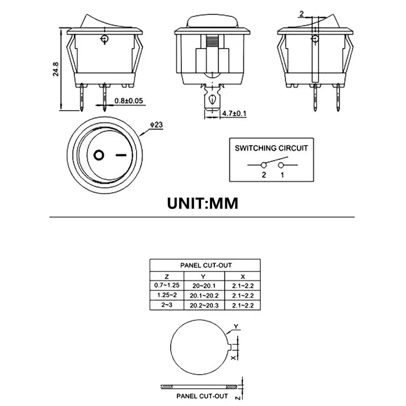 Mini Rocker ON Off 2/3Pin Toggle Square Round Electrical Switch with Pre-Wired 20cm 6A/250V10A/125V