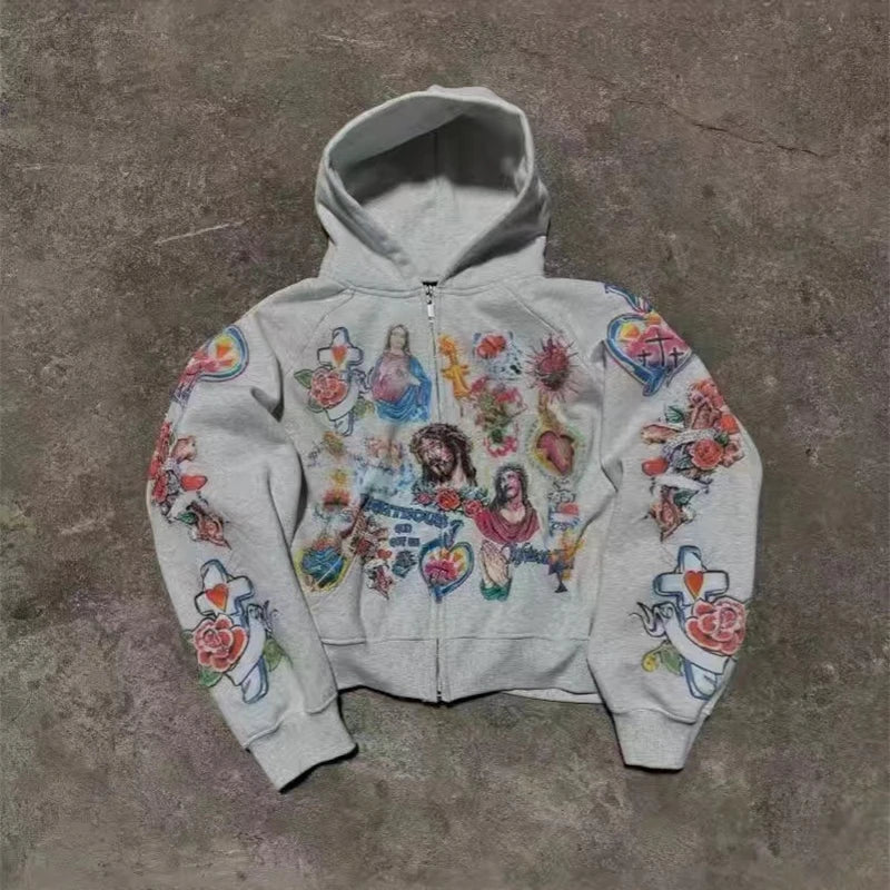 Women's Zip Up Hoodie Jacket Graphic Print Long Sleeve Sweatshirt With Pocket For Casual Streetwear, Cozy Travel, Gift For Teens