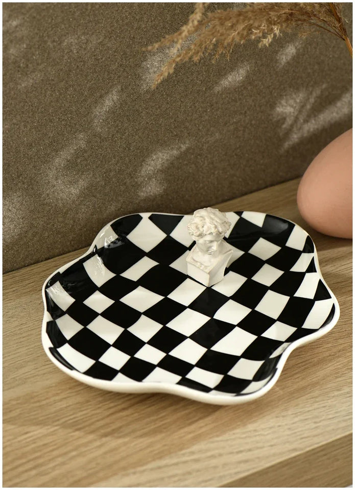 Ceramic Tray Checkerboard Jewelry Storage Plate Ring Earing Dessert Plate Home Decoration Retro Desk Organizer Kitchen Tableware