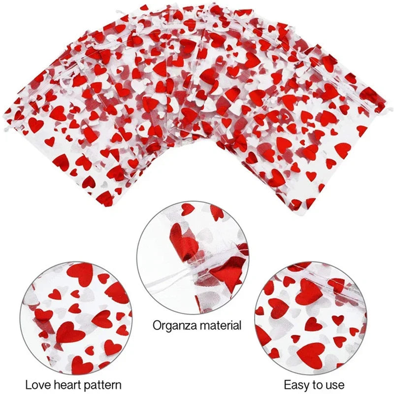 100Pcs Valentine's Day Organza Bag Love Heart Drawstring Jewelry Candy Gift Bag Pounch Cosmetic Packaging Bags Wedding Party