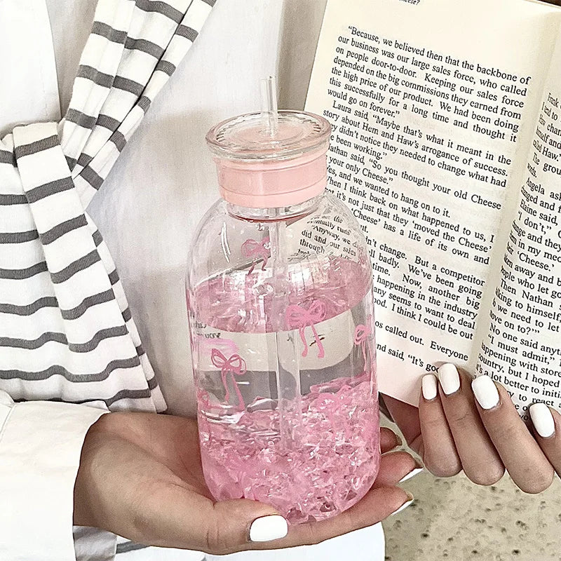 Kawaii Water Bottle Aesthetic Tumbler For Ice Coffee Juice Tea Cute Bowknot Plastic Cups With Straw Lid Portable Drinking Bottle