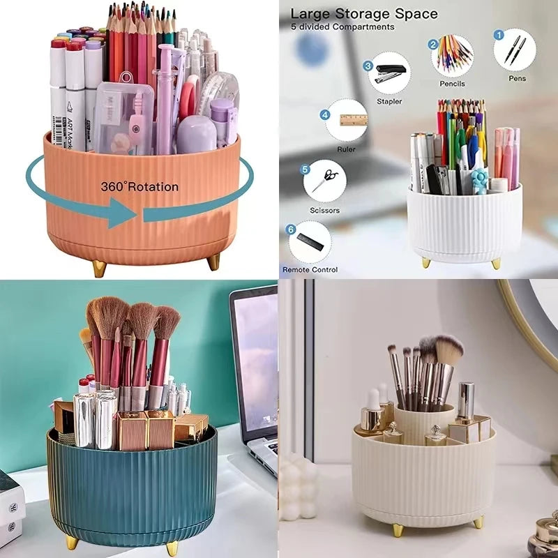 360 Degree Rotatable Pen Holder, 5 Slots Office Desk Organizer, Pencil Holder for Desk Multi-Functional Pencil Cup Desktop Stati