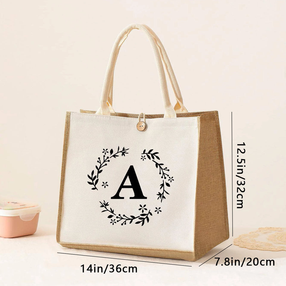 Large Capacity Ladies Tote Bag, Letter Printing Faux Linen Button Handbag, Portable Travel Storage Travel Bag