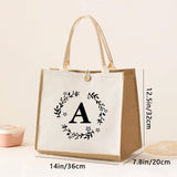 Large Capacity Ladies Tote Bag, Letter Printing Faux Linen Button Handbag, Portable Travel Storage Travel Bag