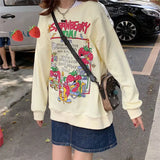 Harajuku Retro Top Strawberry Print Sweatshirt  Women Loose Streetwear Sweatshirts American  Oversized Pullovers